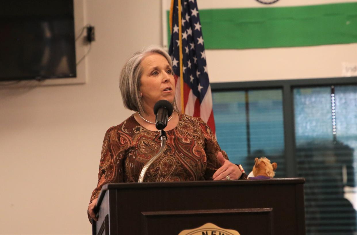 New Mexico Gov. Michelle Lujan Grisham speaks at a signing ceremony in Miller Library at Western New Mexico University in Silver City, N.M. on Friday, March 4, 2022.