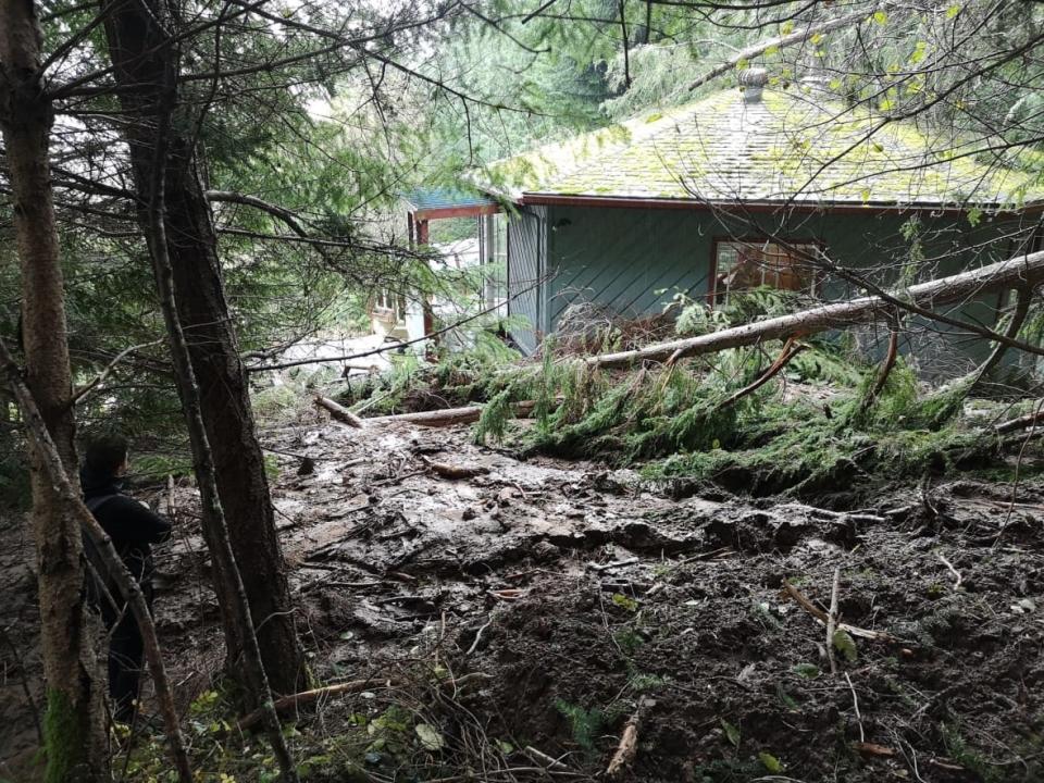 Tonda Heidtke's Saturna Island home is located at the base of a mudslide, which covered his deck and stairs.  (Courtesy of Tonda Heidtke via Facebook - image credit)