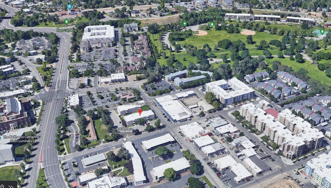 A view of 860 W. Sherwood St. looking south, with the Boise Depot in the background and Ann Morrison Park to the west. Google Earth