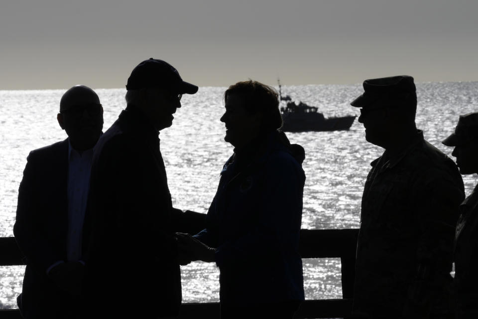 President Joe Biden talks before he speaks at Seacliff State Park in Aptos, Calif., Thursday, Jan 19, 2023. (AP Photo/Susan Walsh)