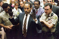 <p>O.J. Simpson holds his hands up to the jury on June 15, 1995, to show the bloody gloves the prosecution says he wore when he murdered Nicole Brown Simpson and Ron Goldman. (Photo: Sam Mircovich/Reuters) </p>