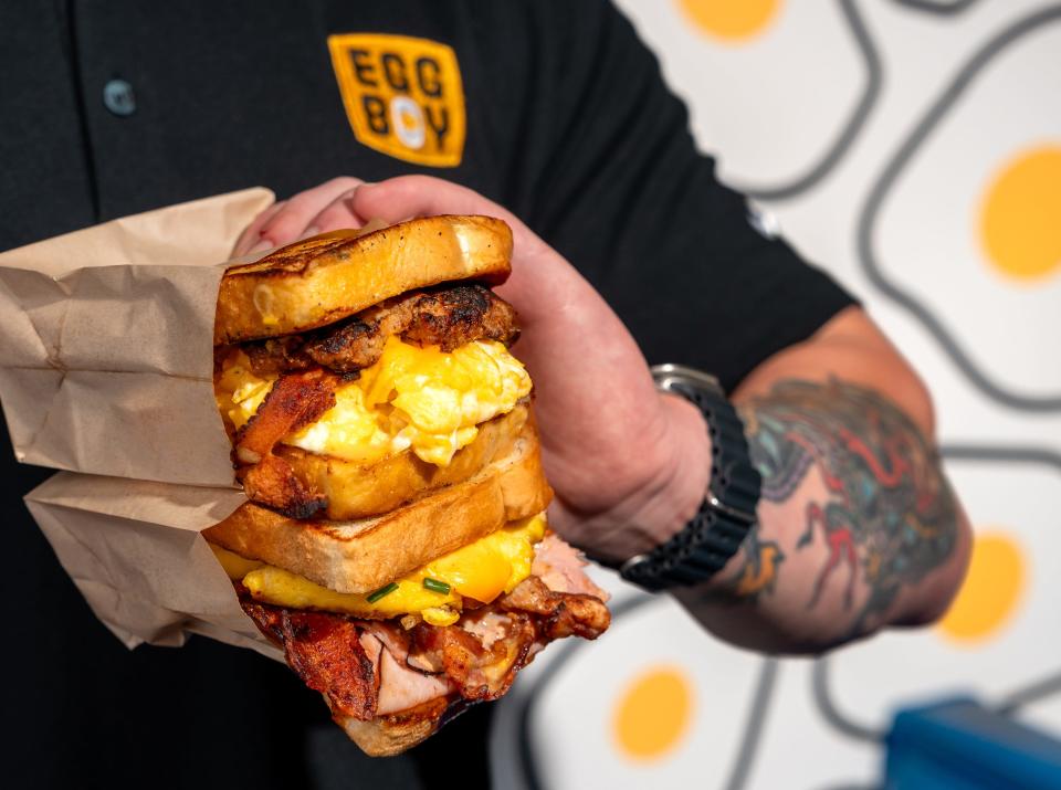 EggBoy's menu features a selection of breakfast sandwiches, including the Breakfast Burger and Red Foreman.