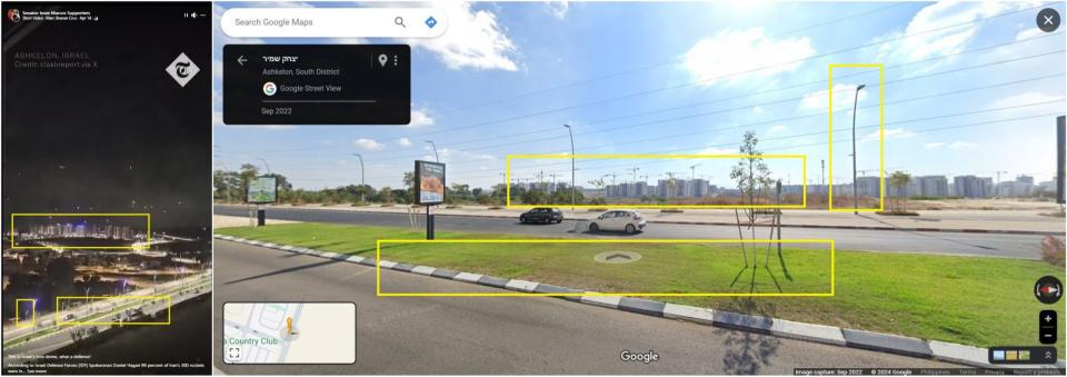 <span>Screenshot comparison of a frame from the clip (left) and a street in Ashkelon (right) with similar features highlighted</span>