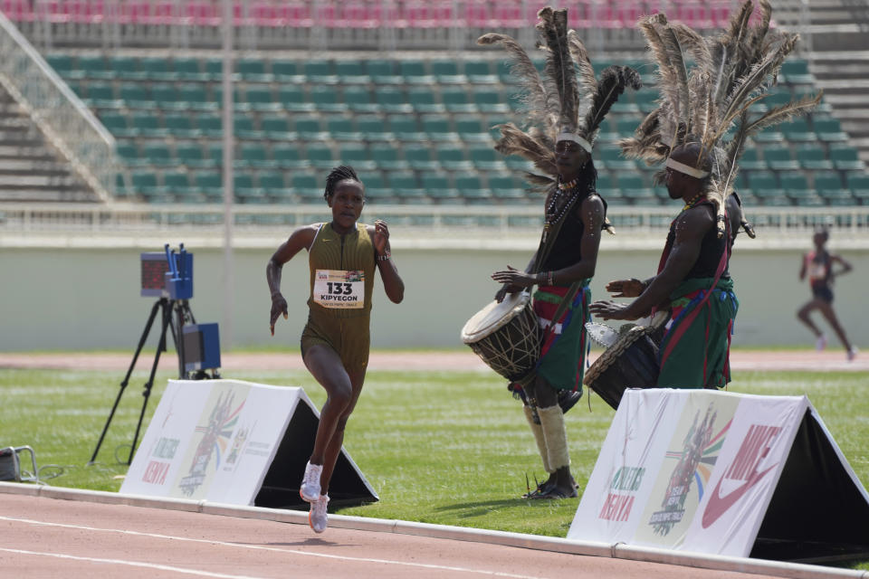 Faith Kipyegon, of Kenya leads 1500m Women Final, during the Kenya track and field Paris 2024 Olympics trials, at the Nyayo National Stadium Nairobi, Kenya Saturday, June 15, 2024. (AP Photo/Brian Inganga)