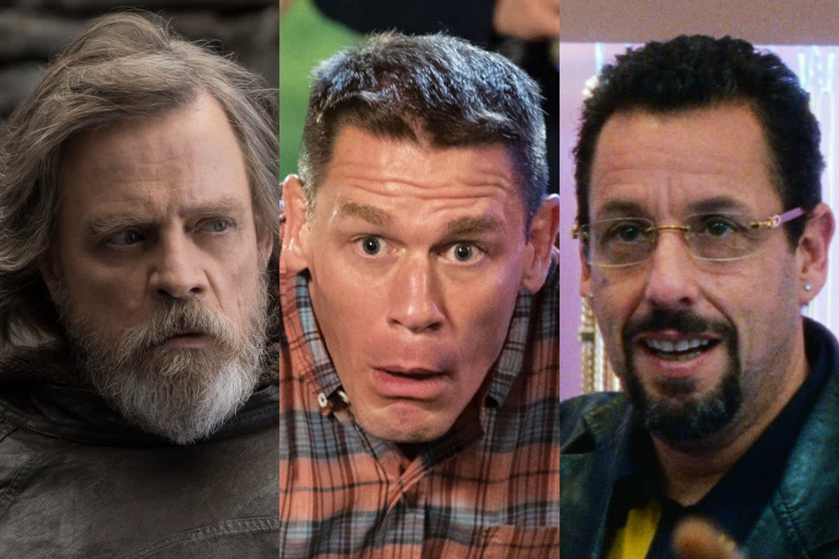 Mark Hamill in ‘The Last Jedi’, John Cena in ‘Blockers’ and Adam Sandler in ‘Uncut Gems' (LucasFilm/Universal/Netflix)