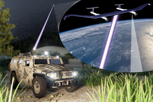 An illustration shows how a military ground-based beaming system could transmit power to a stratospheric drone that’s designed to facilitate reconnaissance or communications. (Illustration via PowerLight)