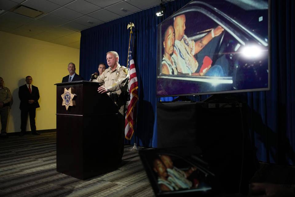 FILE - Las Vegas Sheriff Kevin McMahill speaks during a news conference on an indictment in the 1996 murder of rapper Tupac Shakur, Sept. 29, 2023, in Las Vegas. Duane “Keffe D” Davis charged with killing Tupac Shakur in 1996 will have a lawyer from one of Las Vegas’ best-known political families with him when he appears in court Thursday, Oct. 19, on a murder charge. Ross Goodman said Wednesday, Oct. 18, he'll appear with Davis but will seek two more weeks to confirm as his attorney. (AP Photo/John Locher, File)
