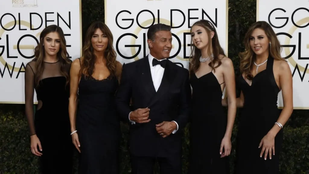 Actor Sylvester Stallone (2nd l), model Jennifer Flavin (c), and (l-r) 2017 Miss Golden Globe Sistine Stallon, Scarlet Stallone and Sophia Stallone arrive at the 74th Annual Golden Globe Awards, Golden Globes, in Beverly Hills, Los Angeles, USA, on 08 January 2017.