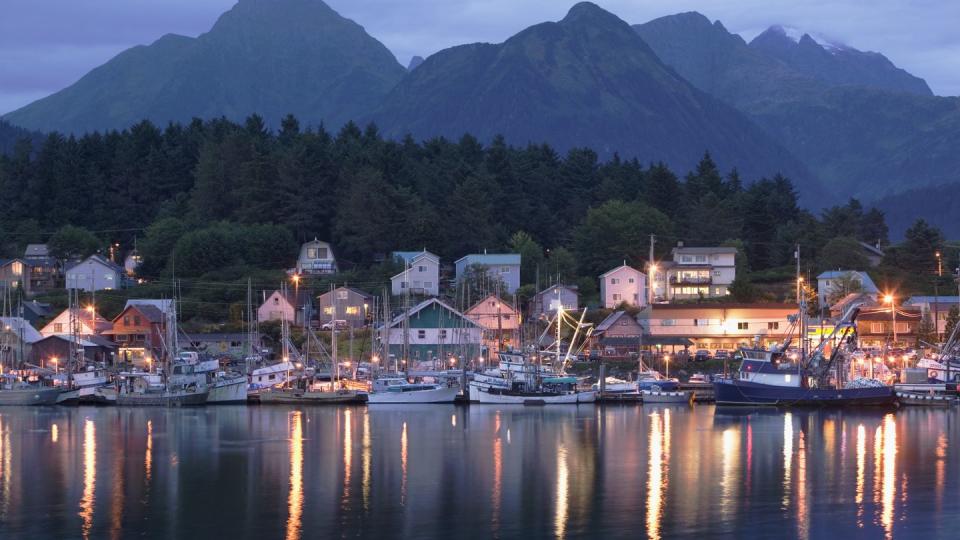 usa, alaska, sitka, harbor and town, evening