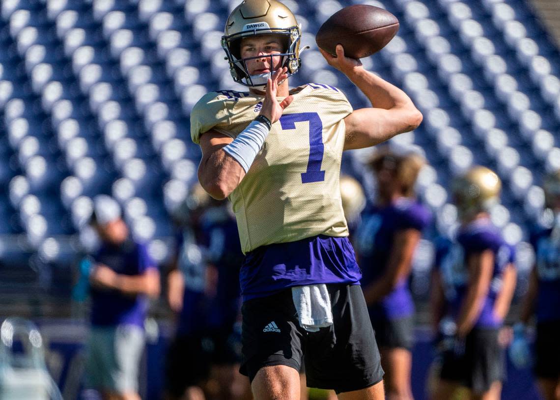 University of Washington Huskies quarterback Sam Huard, 7, throws the ball during a drill on the fourth day of Fall practice at Husky Stadium on Thursday, Aug. 7, 2022 in Seattle, Wash.