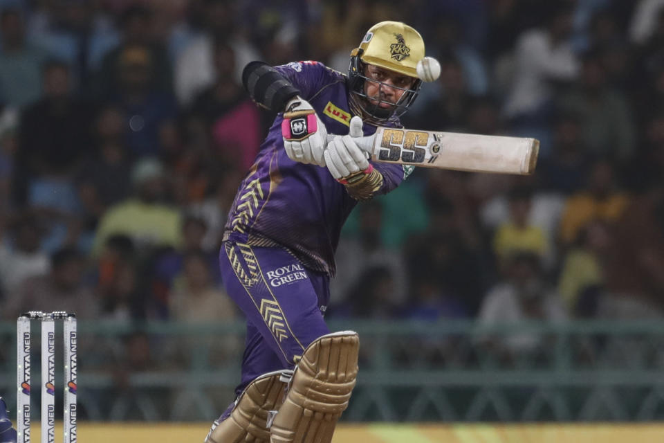 Kolkata Knight Riders' Sunil Narine plays a shot during the Indian Premier League cricket match between Lucknow Super Giants and Kolkata Knight Riders in Lucknow, India, Tuesday, May 5, 2024. (AP Photo/Pankaj Nangia)