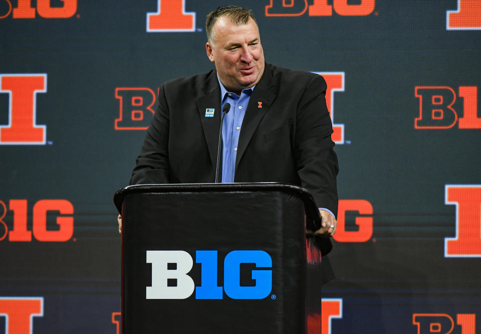 Jul 26, 2023; Indianapolis, IN, USA; Illinois Fighting Illini head coach Bret Bielema speaks to the media during Big 10 football media days at Lucas Oil Stadium. Mandatory Credit: Robert Goddin-USA TODAY Sports