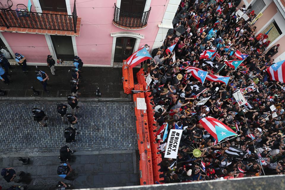 A barricade set up along a street leading to the governor's mansion in Old San Juan.