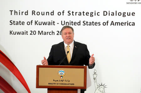 U.S. Secretary of State Mike Pompeo speaks during a news conference with Kuwait's Foreign Minister Sheikh Sabah Al-Khalid Al-Sabah (not pictured) in Kuwait City, Kuwait March 20, 2019. REUTERS/Jim Young/Pool