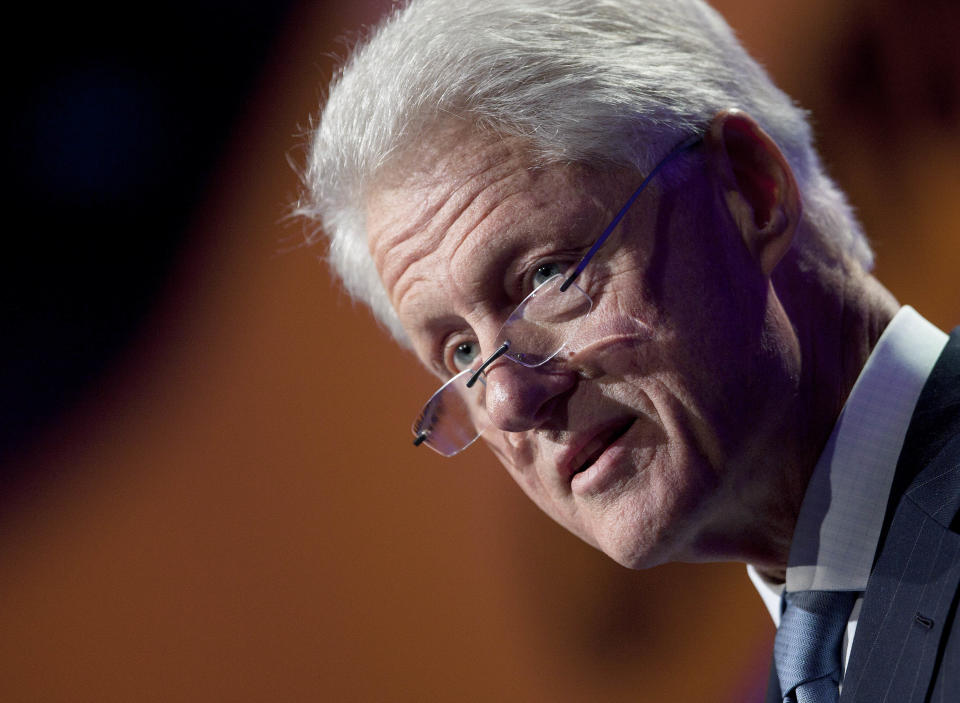 Former U.S. President Bill Clinton speaks as he opens the Clinton Global Initiative, Sunday, Sept. 23, 2012, in New York. Participants, consisting of more than 50 current or former heads of state, will attend three days of sessions aimed at solving pressing world problems. (AP Photo/Mark Lennihan)