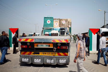 A truck carrying crates containing animals leaves Gaza after the animals were taken out of a Gaza zoo by FOUR PAWS organization, at Erez crossing in the northern Gaza Strip April 7, 2019. REUTERS/Mohammed Salem