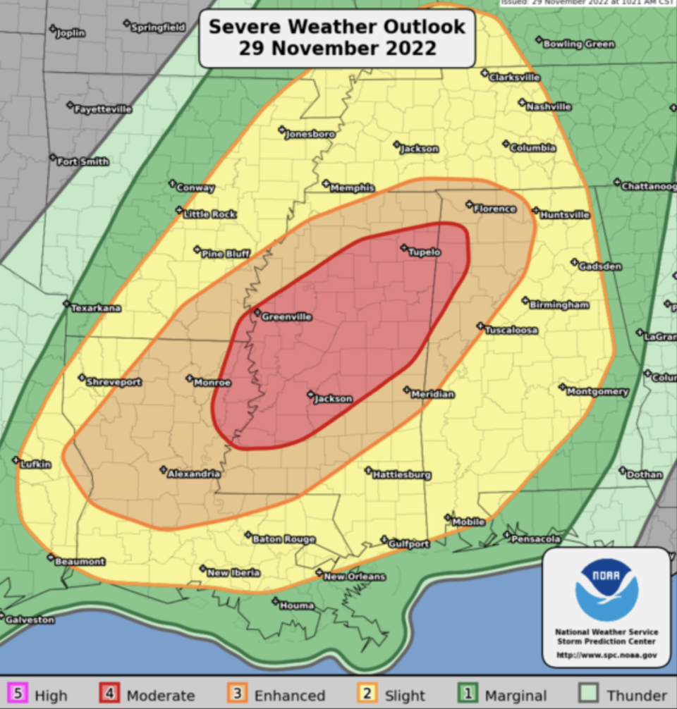 The severe weather outlook on Tuesday (NOAA)