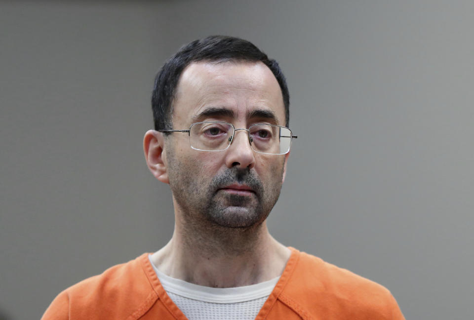 FILE - In this Nov. 22, 2017 file photo, Dr. Larry Nassar, 54, appears in court for a plea hearing in Lansing, Mich. Trustees at Michigan State University agreed Friday to release documents to the state attorney general related to the school's investigations into now-imprisoned former sports doctor Larry Nassar. (AP Photo/Paul Sancya, File)