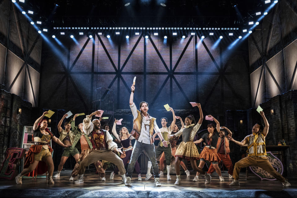 This image released by Grapevine Public Relations shows Stark Sands, center, and the cast during a performance of "& Juliet." (Matthew Murphy/Grapevine Public Relations via AP)