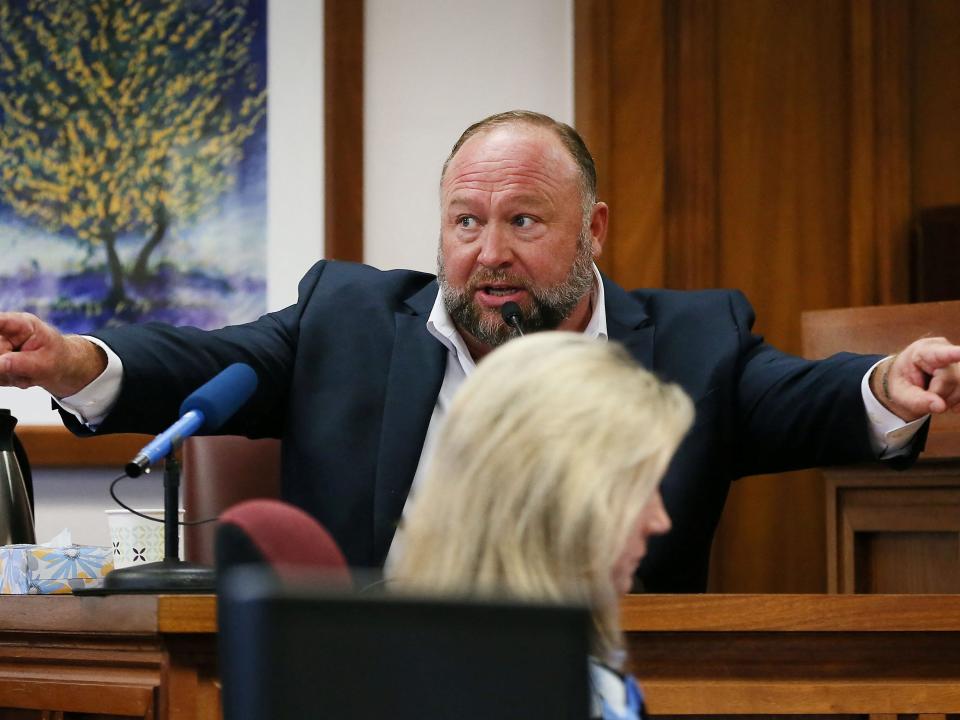 Alex Jones testifies during his defamation trial in Texas on August 2, 2022.