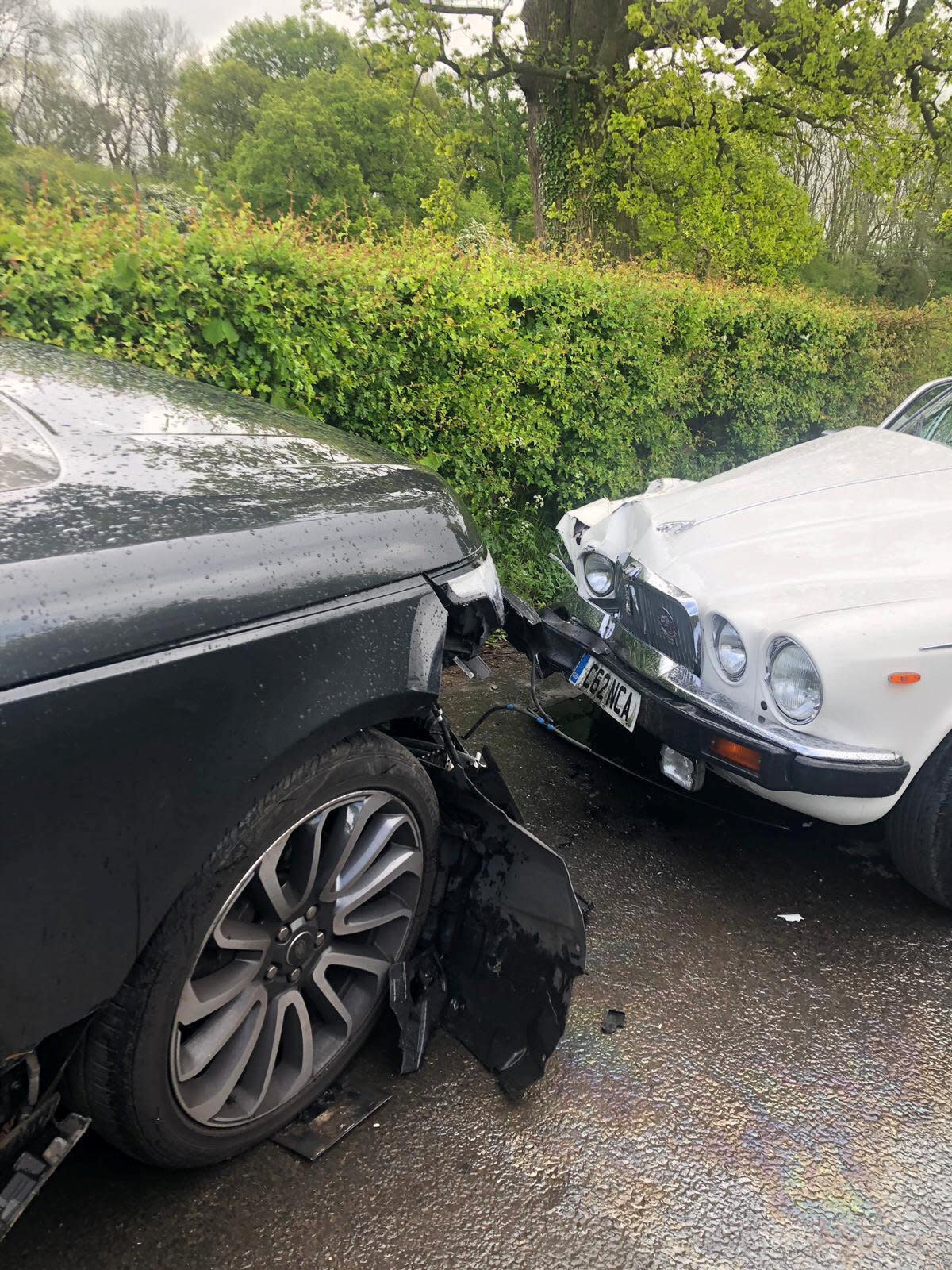 **PICTURE RELEASED FOR SUNDAY PRINT MEDIA - ONLINE EMBARGO UNTIL 6.00AM / SUNDAY 12 MAY, 2019**    Collect photo of the damage caused to Patrick Tranter's Jaguar when it was in a collision with Nigel Farage's Range Rover. See SWNS story SWSYfarage. Former UKIP leader Nigel Farage has been banned from his local pub after he allegedly made a swift exit when he was involved in a head on crash with the landlord. Patrick Tranter, 38, was driving home with his one-year-old son when his Jaguar was hit by Farage's Range Rover, he claims. But instead of checking on Patrick and his son, the Eurosceptic MEP is said to have fled the scene. Patrick and his shaken baby son George were taken to hospital in an ambulance, and he claims his car has been written off.  