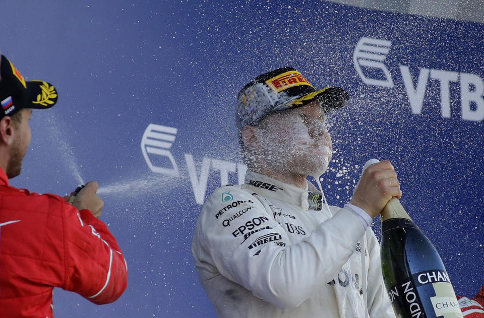 Valtteri Bottas sprayed with champagne