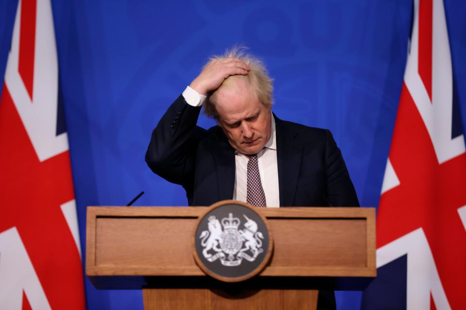 British Prime Minister Boris Johnson in London on Nov. 27, 2021, speaking about COVID-19 variant omicron.