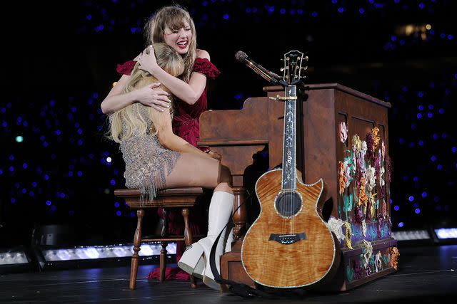 <p>Don Arnold/TAS24/Getty </p> Sabrina Carpenter and Taylor Swift perform a duet on Feb. 23, 2024 in Sydney