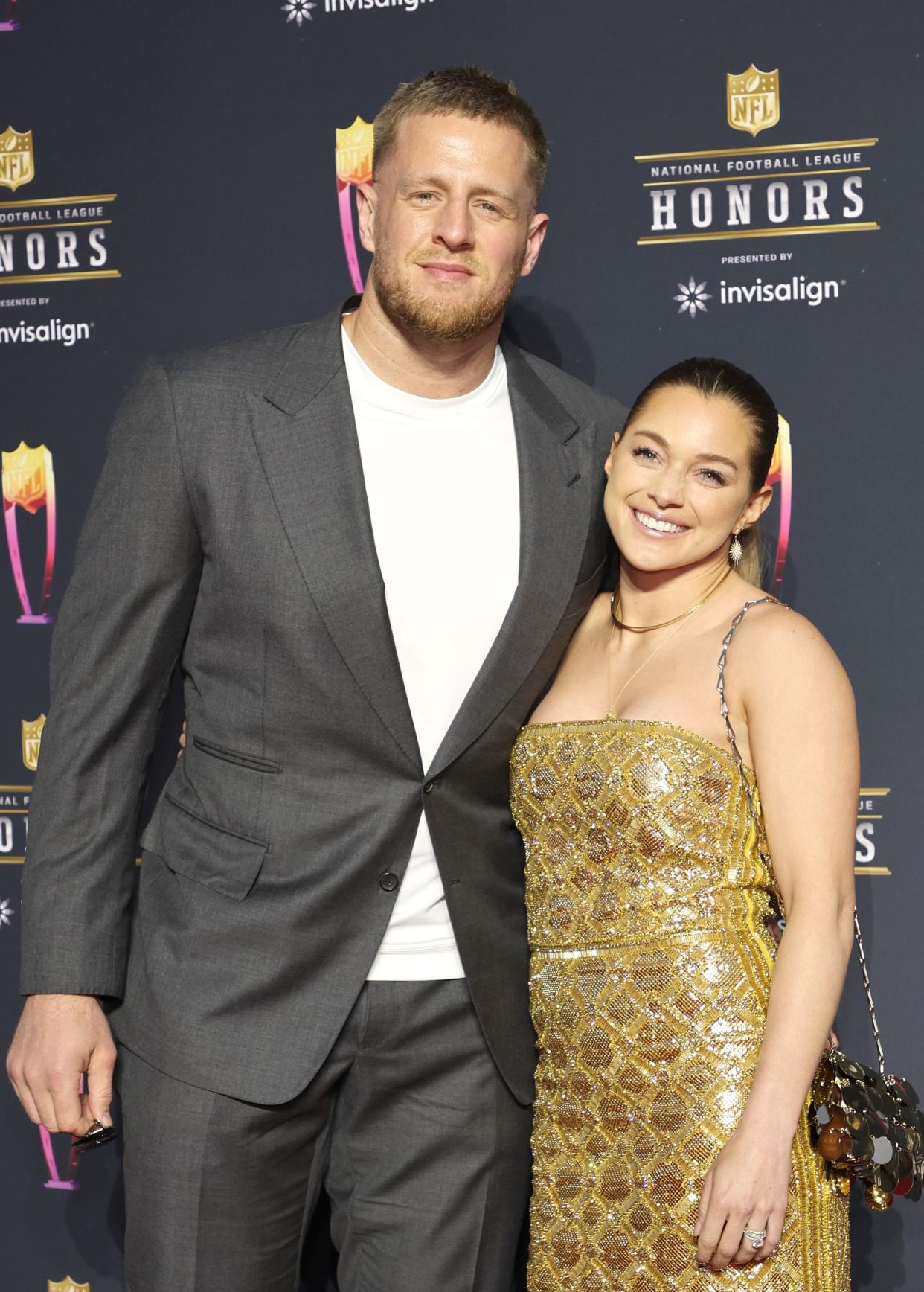 J.J. Watt and Kealia Watt attend the 11th annual NFL Honors on Feb. 10, 2022, at YouTube Theater in Inglewood, California.