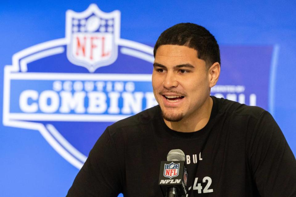 Feb 28, 2024; Indianapolis, IN, USA; UCLA defensive lineman Laiatu Latu (DL42) talks to the media at the 2024 NFL Combine at Indiana Convention Center. Mandatory Credit: Trevor Ruszkowski-USA TODAY Sports