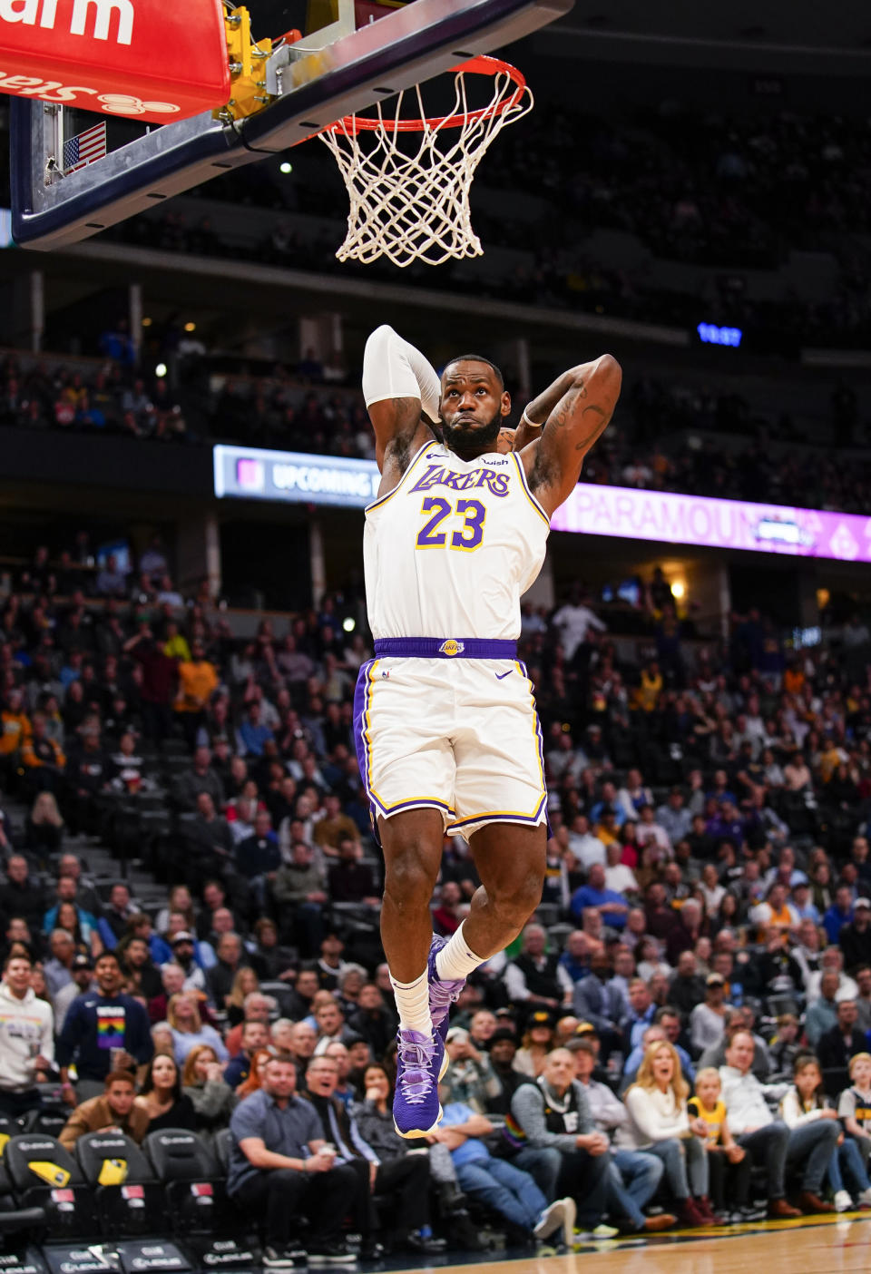 Los Angeles Lakers forward LeBron James dunks against the Denver Nuggets during the first quarter an NBA basketball game Tuesday, Dec. 3, 2019, in Denver. (AP Photo/Jack Dempsey)