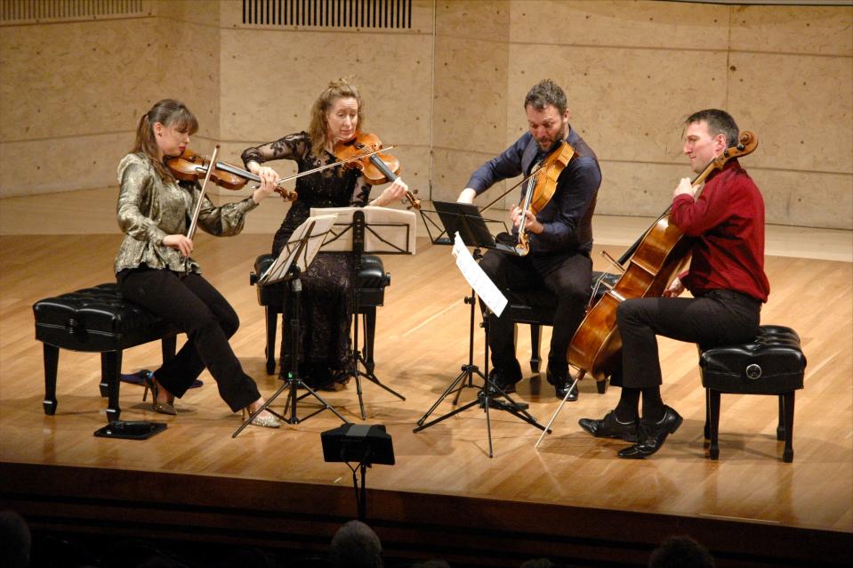 The Heath Quartet performs April 28, 2024 at the Mahaney Center for the Arts on the campus of Middlebury College.