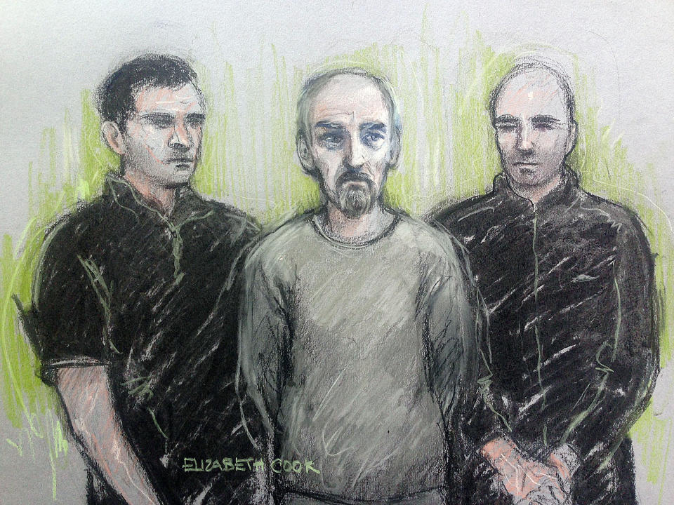 Court artist sketch by Elizabeth Cook of Thomas Mair (centre) at Westminster Magistrates' Court in London, where he appeared charged charged with the murder of Labour MP Jo Cox.