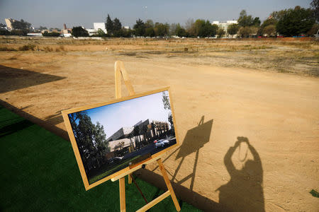 Part of the site where the new U.S. embassy will be built is seen during a ceremony to place the first stone of the embassy in Mexico City, Mexico February 13, 2018. A render of the building of the future U.S. embassy is presented on a tripod. REUTERS/Edgard Garrido