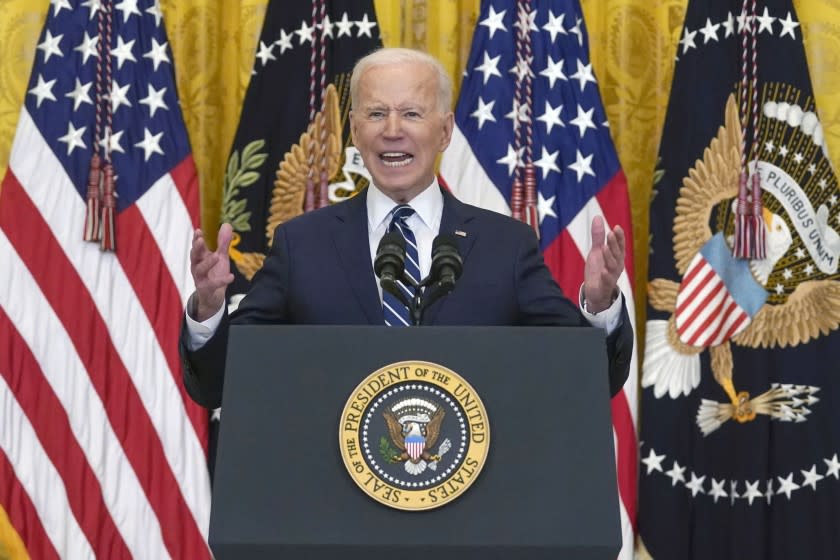 President Joe Biden speaks during a news conference in the East Room of the White House, Thursday, March 25, 2021, in Washington. (AP Photo/Evan Vucci)