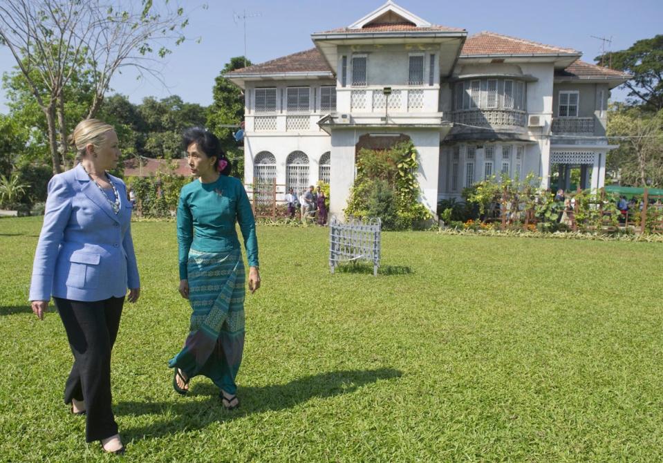 Myanmar’s Aung San Suu Kyi is seen in this 2011 image at her home in Yangon with Hillary Clinton (AP)