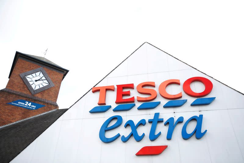 FILE PHOTO: A logo of Tesco is pictured outside a Tesco supermarket in Hatfield