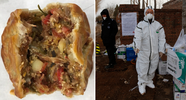 Split screen. A seized pork roll. A Chinese worker at a pig farm wearing bio hazard clothing. 