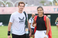 <p>Andy Murray and Emma Raducanu are all smiles at the BNP Paribas Open Tennis Tournament on Oct. 7 in Indian Wells, California. </p>