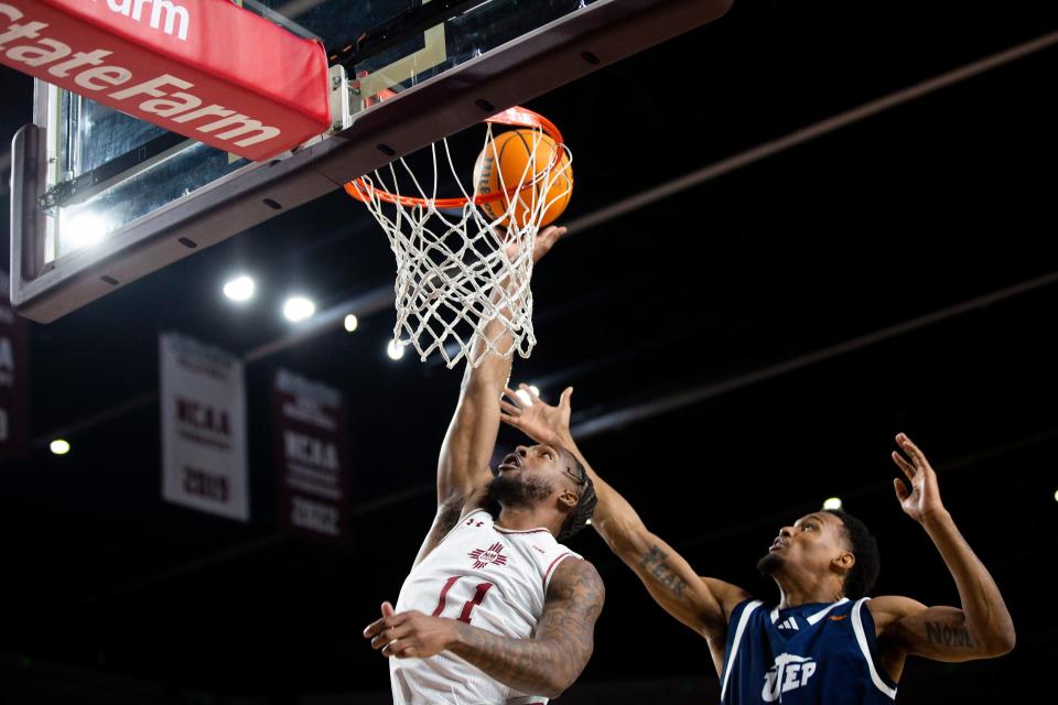 NMSU guard Femi Odukale shoots a basket during a college basketball game on Thursday, Jan. 4, 2024, at Pan American Center.