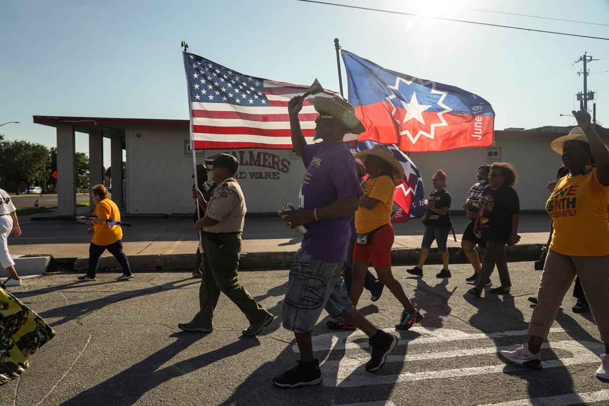 19 June: Members of Reedy Chapel African Methodist Episcopal Church march to celebrate Juneteenth on 19 June 2021 in Galveston, Texas (Getty Images)