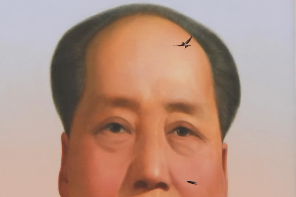 A swallow flies near the portrait of late Chinese leader Mao Zedong during a ceremony to mark the 100th anniversary of the founding of the ruling Chinese Communist Party at Tiananmen Gate in Beijing Thursday, July 1, 2021. (AP Photo/Ng Han Guan)