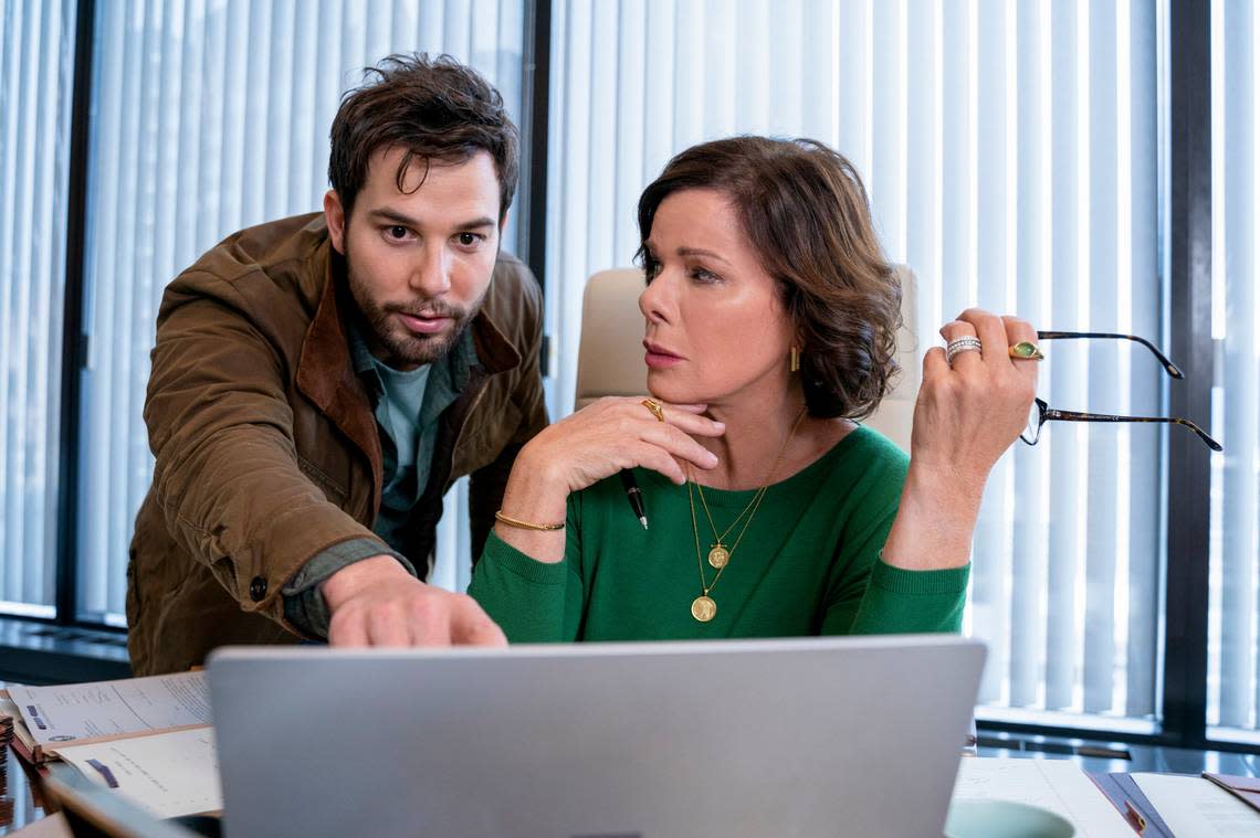 Skylar Astin as Todd and Marcia Gay Harden as Joan in the CBS series “So Help Me Todd.”