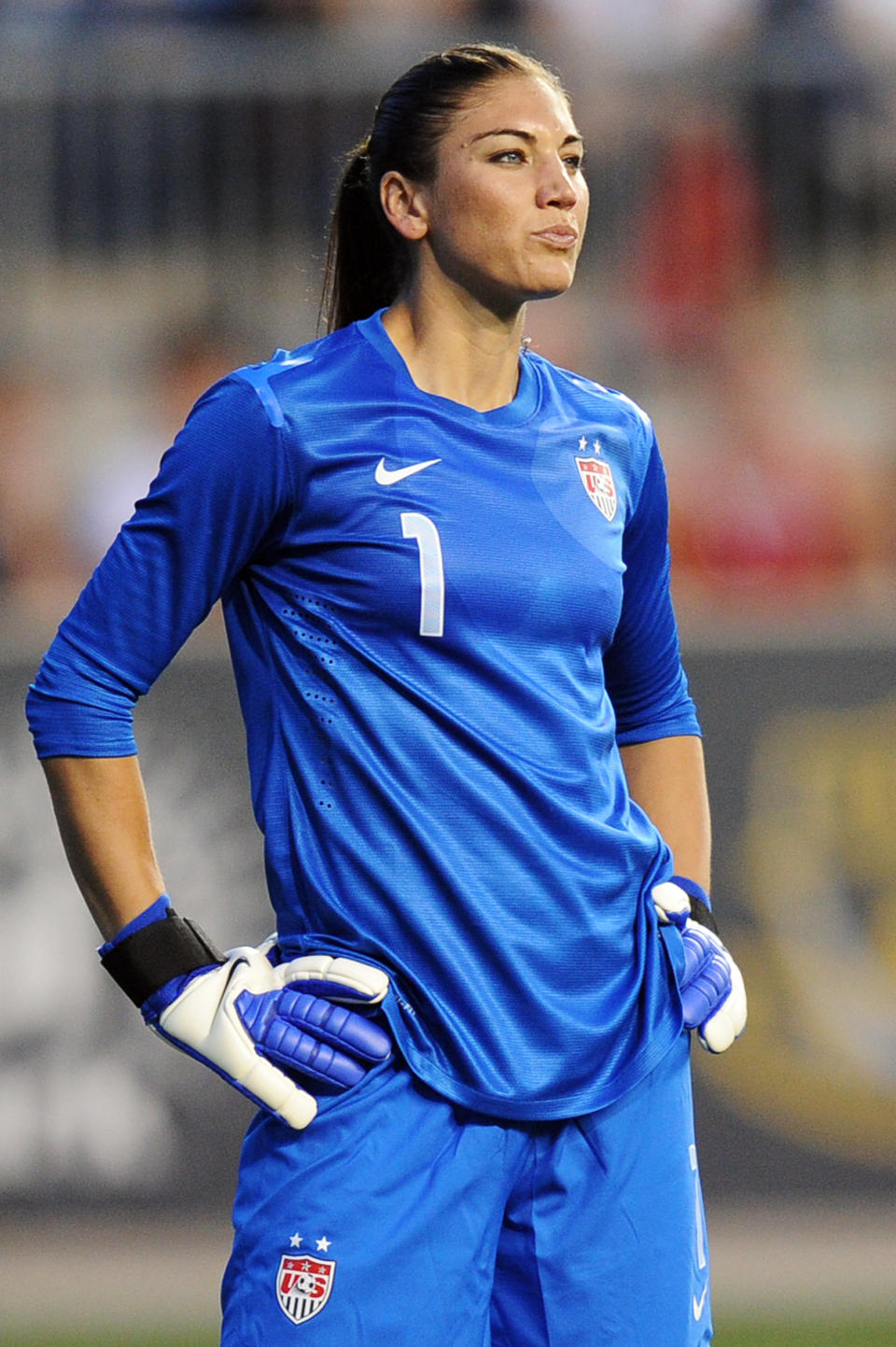 CHESTER, PA - MAY 27: Hope Solo #1 of the USA stands in goal during the game against China at PPL Park on May 27, 2012 in Chester, Pennsylvania. USA won 4-1. (Photo by Drew Hallowell/Getty Images)