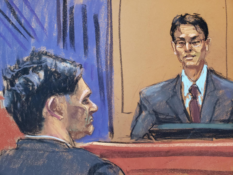Gary Wang testifies during Sam Bankman-Fried fraud trial over the collapse of FTX, the bankrupt cryptocurrency exchange, at Federal Court in New York City, U.S., October 5, 2023, in this courtroom sketch. REUTERS/Jane Rosenberg
