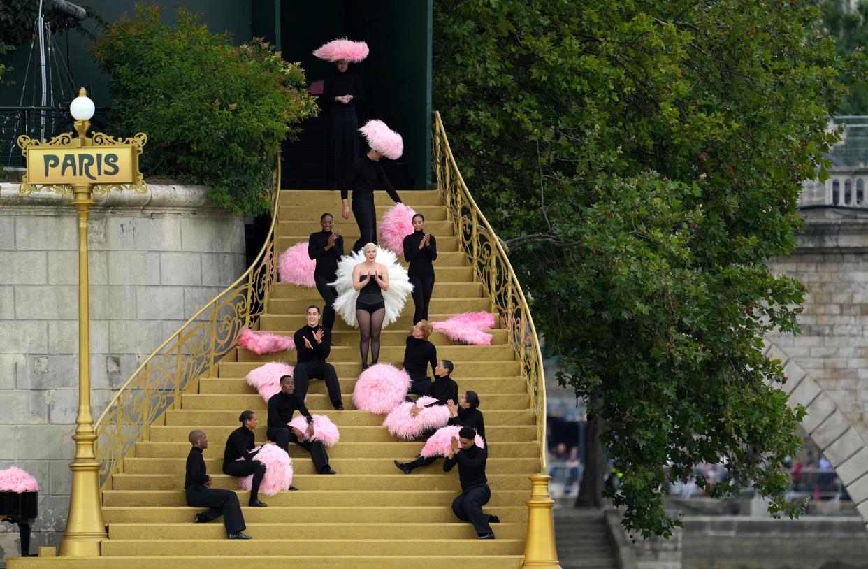 Lady Gaga and performers are seen taping a pre-recorded performance ahead of the opening ceremony for the 2024 Paris Olympics on July 26, 2024.