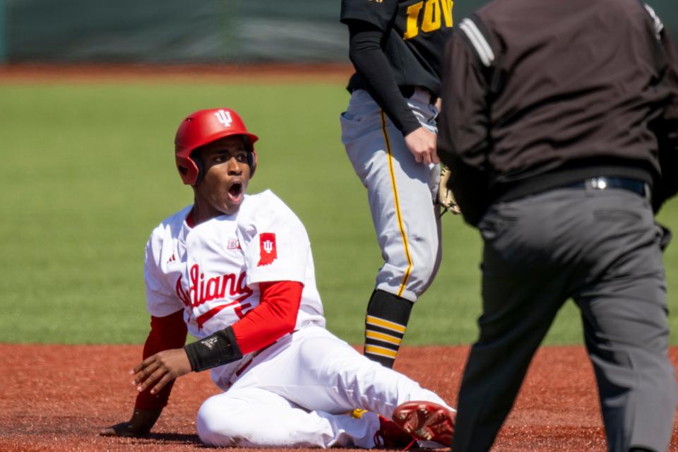 Indiana infielder Devin Taylor (5) reacts to a call during an NCAA baseball game against Iowa on Saturday, April 8, 2023, in Bloomington, Ind.