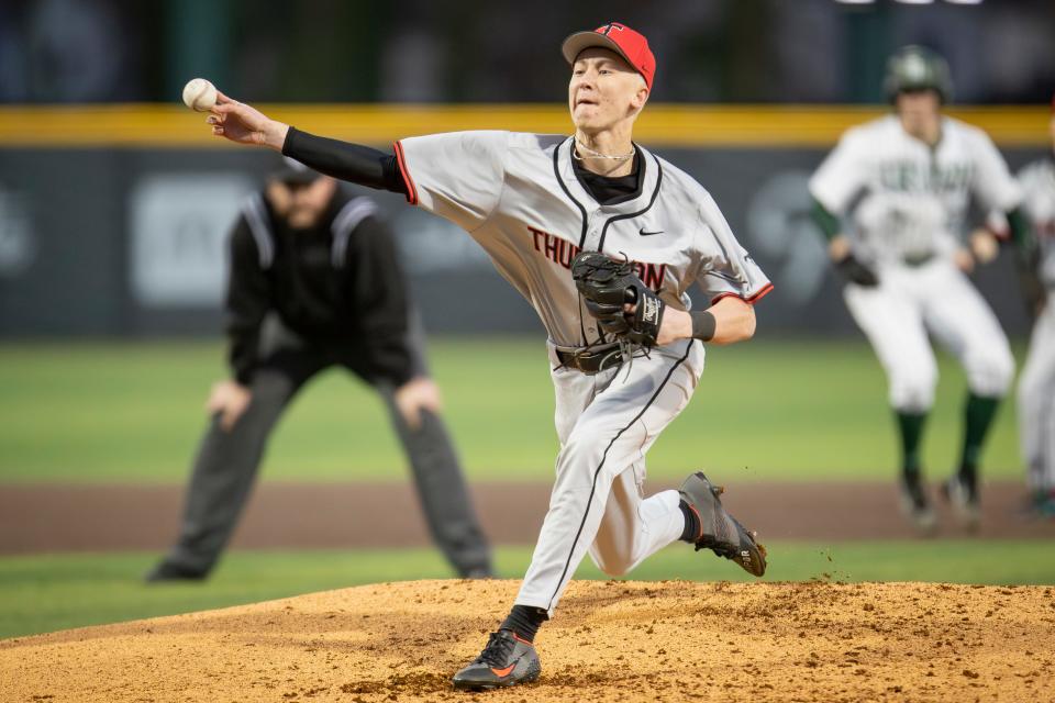 Thurston's Grady Saunders throws out a pitch in a season-opening matchup against Sheldon March 13, 2024, at PK Park in Eugene.
