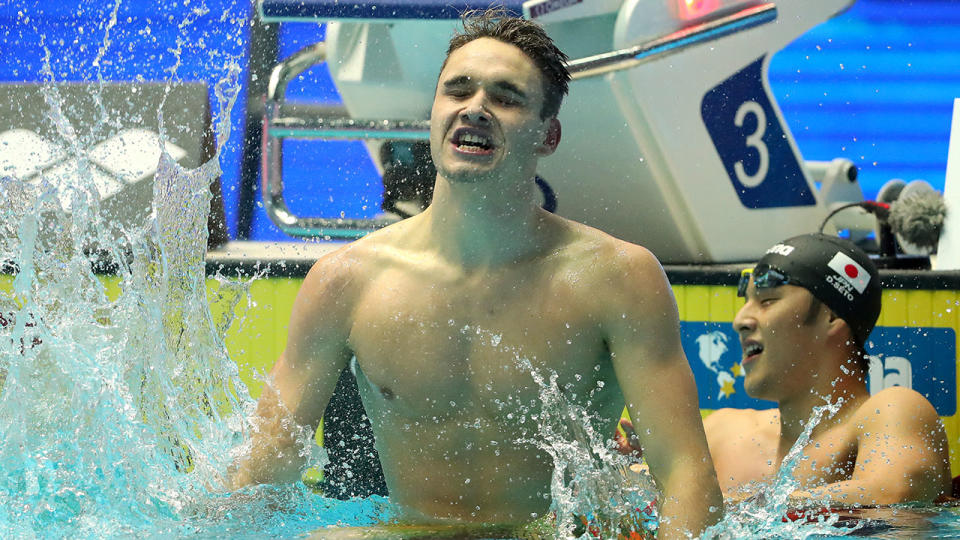 Kristof Milak celebrates his incredible world record in the 200m butterfly. (Photo by Maddie Meyer/Getty Images)