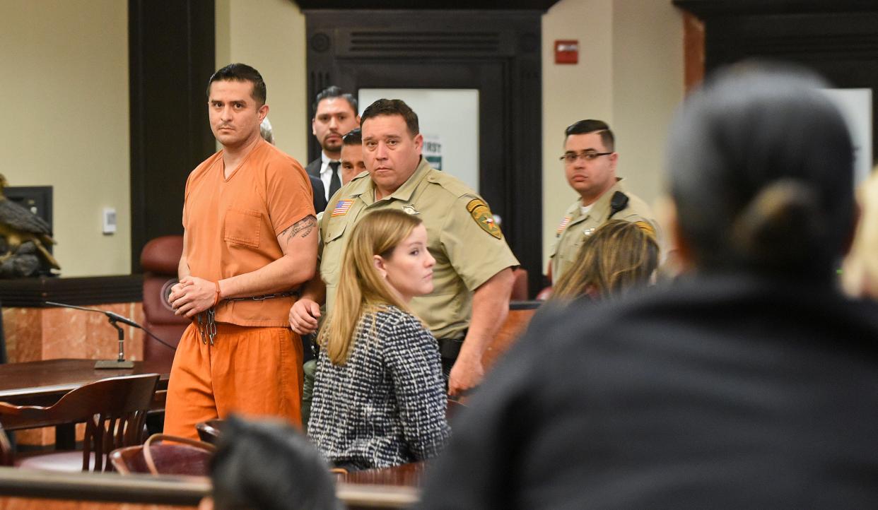 Juan David Ortiz leaves the 406 District Court after his arraignment in January 2019, at the Webb County Justice Center in Laredo, Texas. Ortiz, a former U.S. Border Patrol agent, has pleaded not guilty to capital murder and other charges in the Sept. 2018 killings of four women who prosecutors say were sex workers.